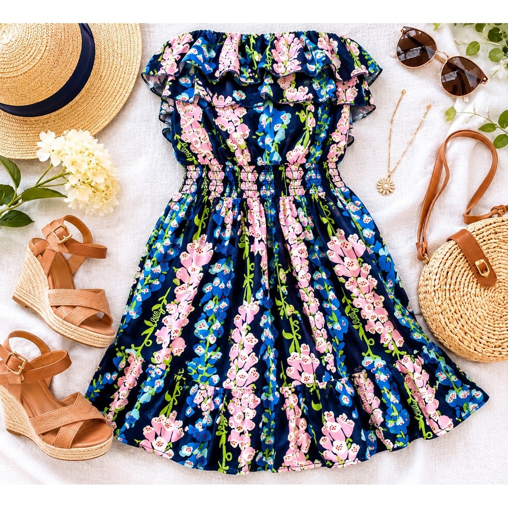 Lilly Pulitzer Navy Pink Floral Strapless Ruffle Smocked Mini Dress Womens Small
